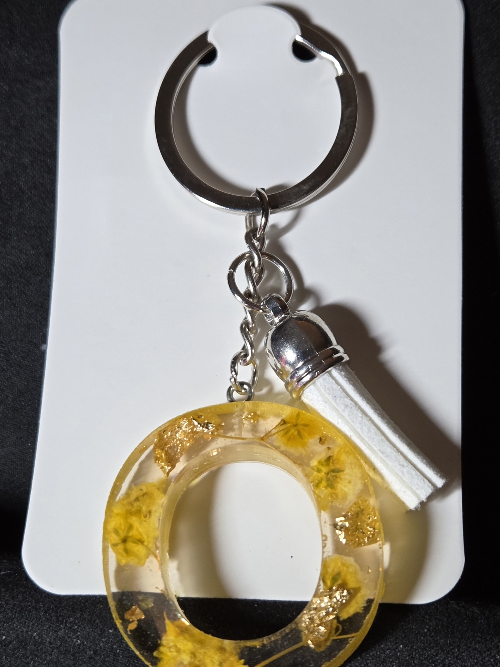 Resin O Ring Keychain with White Tassel - Yellow